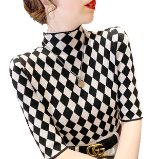 洋气菱格半高领中袖打底衫女内搭2025春秋新款修身针织衫短款上衣