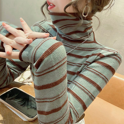高领条纹针织衫长袖打底衫女秋装2024新款宽松堆堆领毛衣内搭上衣