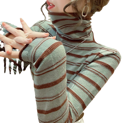 高领条纹针织衫长袖打底衫女秋装2025新款宽松堆堆领毛衣内搭上衣