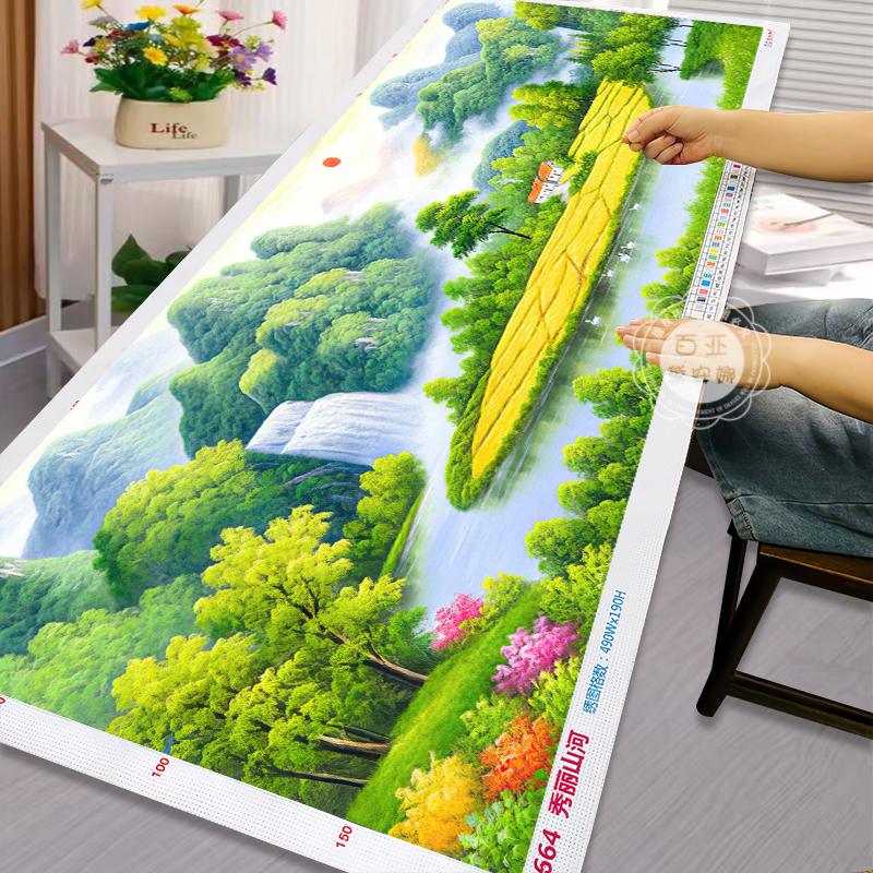 聚宝盆十字绣2025新款客厅大幅手工自己绣山水画背有靠山刺绣画