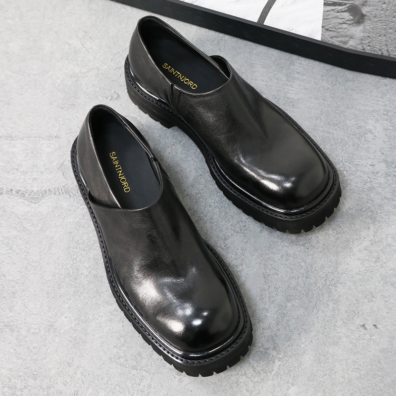 圣尼约德马皮复古水洗手工一片式乐福休闲鞋增高厚底大头浅口套脚