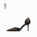 气质 透气时尚 烫社交女鞋 豹纹缎面性感高级尖头浅口中空细高跟单鞋