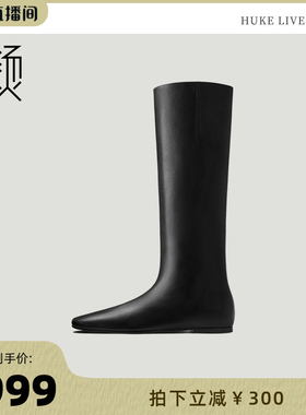 【胡可推荐】黑色小方头羊皮长筒平底靴秋冬及膝显瘦骑士烟筒靴子