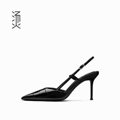 烫社交女鞋 晚风宴会舒适凉鞋 黑色牛皮尖头环带高跟女单鞋 春夏法式