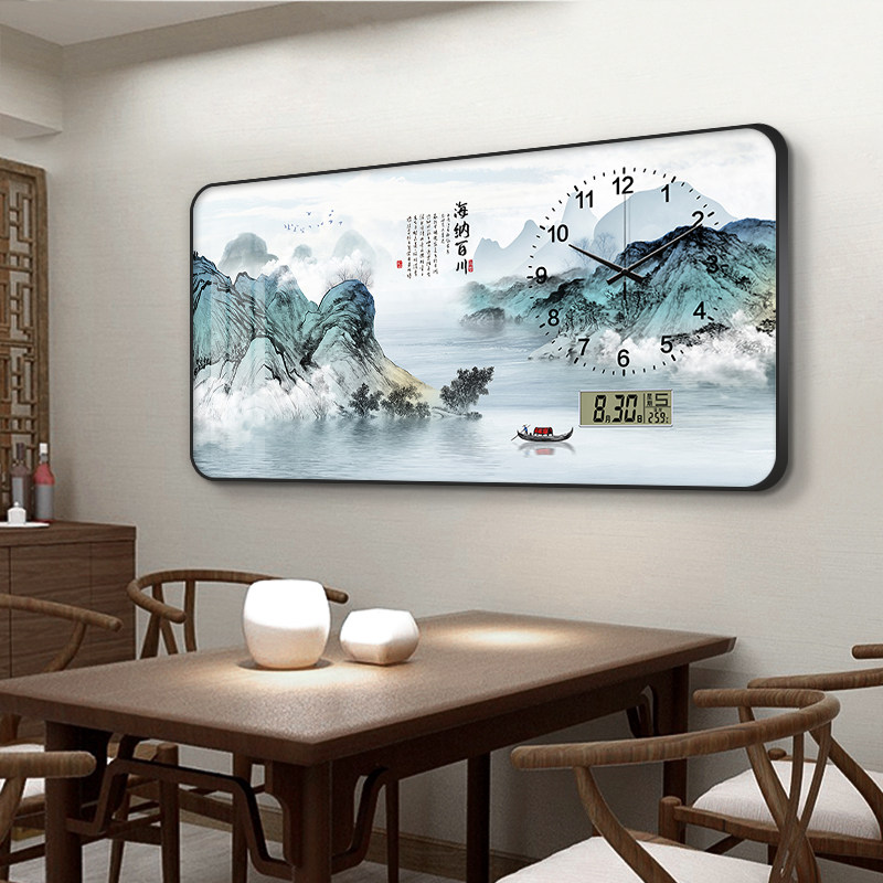 海纳百川新中国风景观万年历餐厅装修画客厅背景墙2024新挂钟画