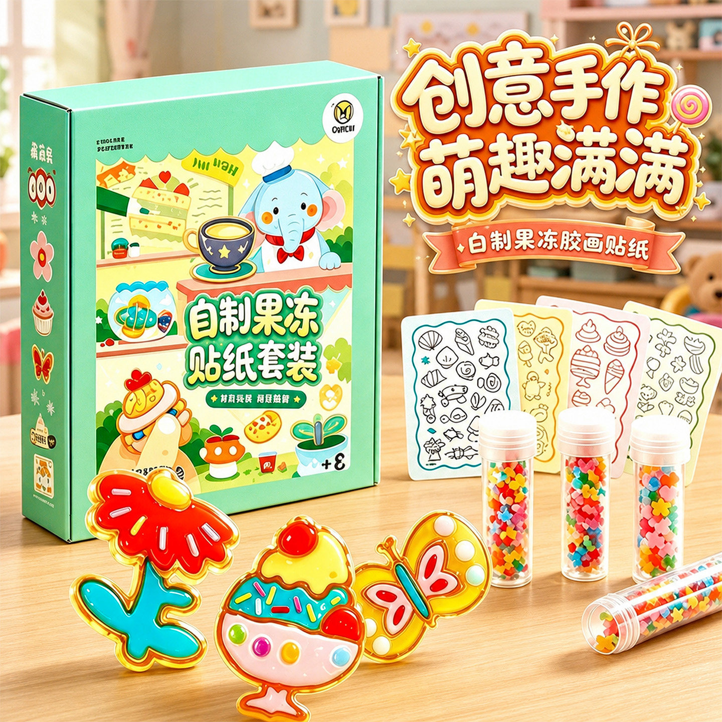 自制炫彩胶画贴纸玩具免烤儿童手工创意diy彩沙刮刮画纸涂色颜料3