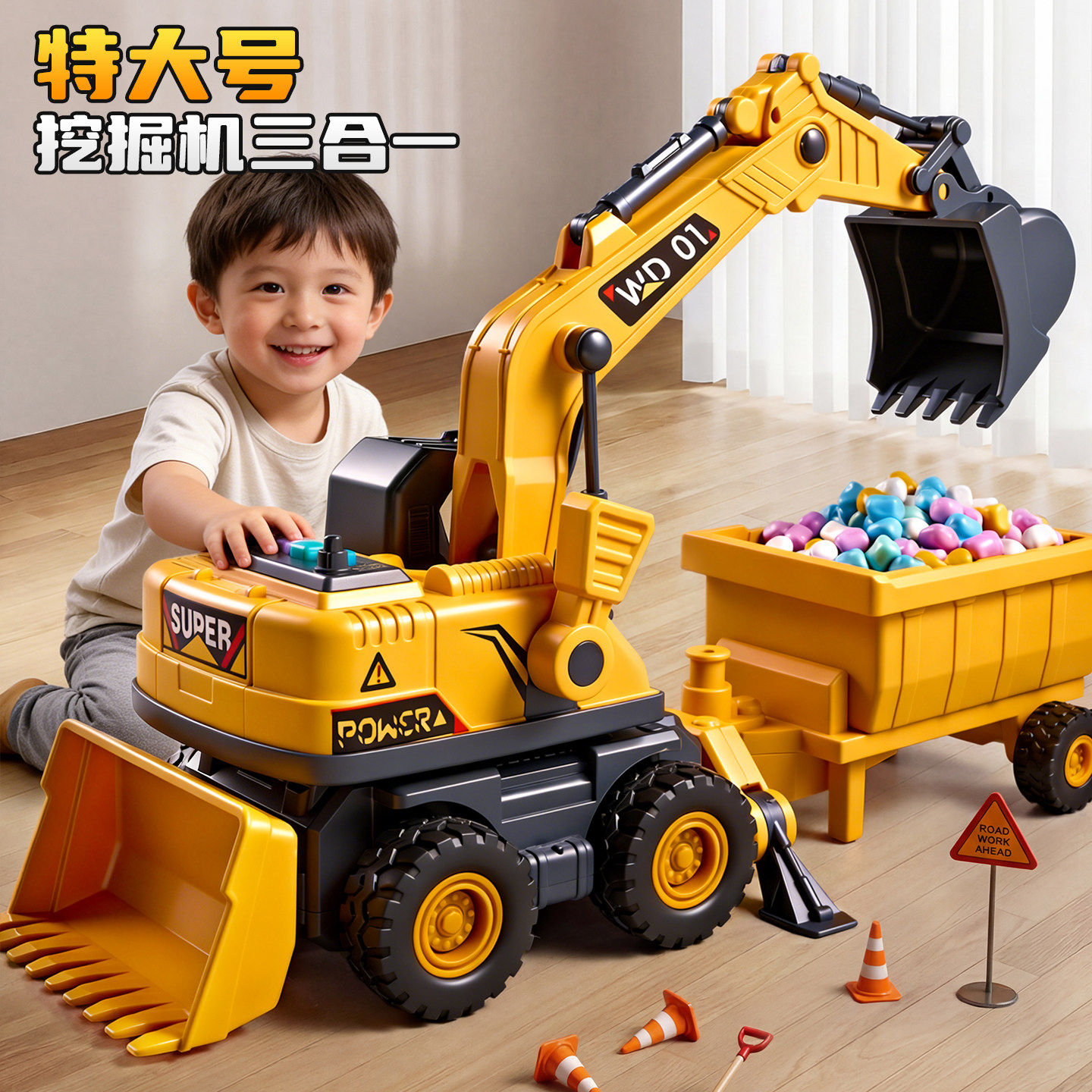 六一儿童节特大号挖掘机玩具车3到6岁男童益智拼装模型推土机礼物