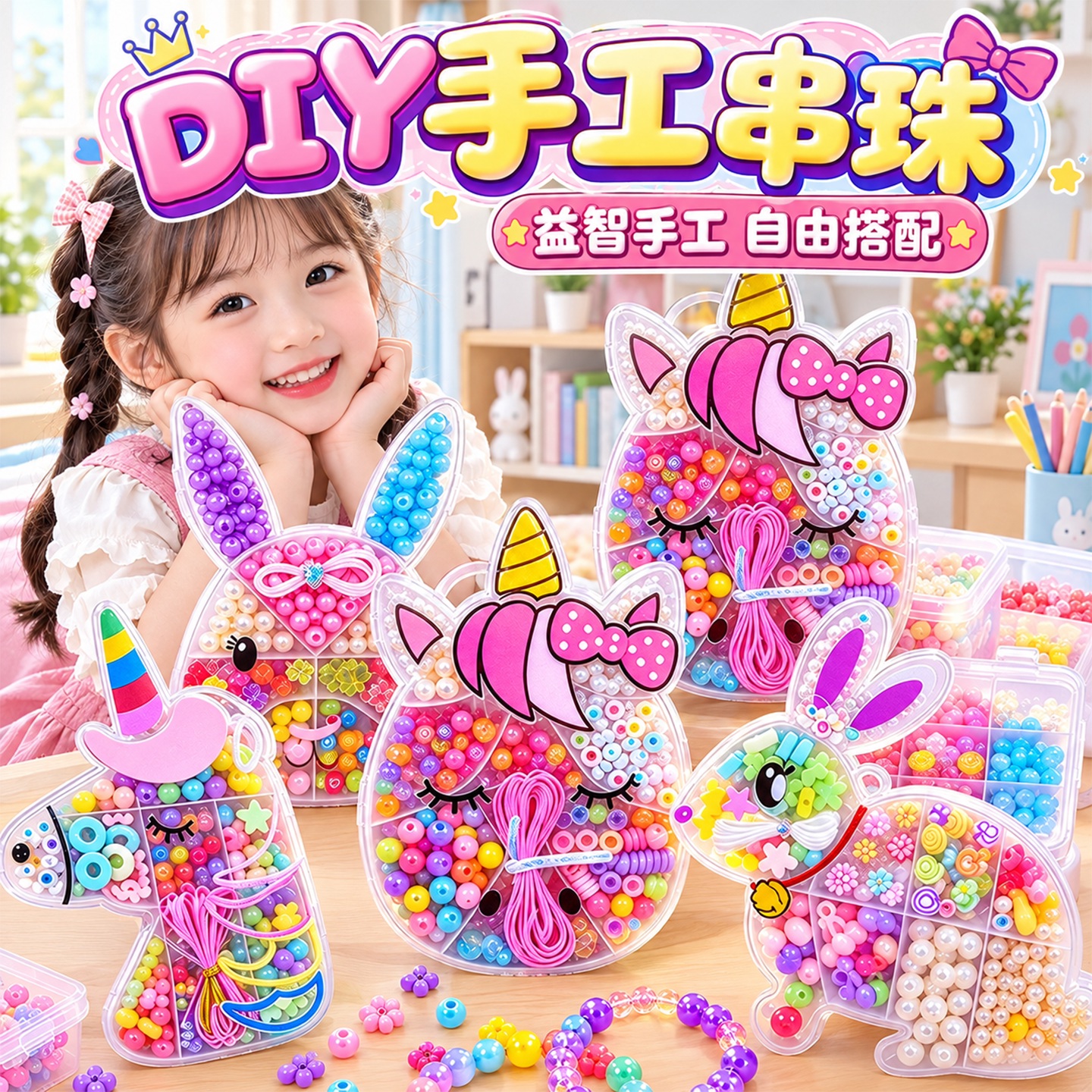 儿童串珠手工diy手链绕珠益智玩具6个月以上婴儿穿珠子专用线材料