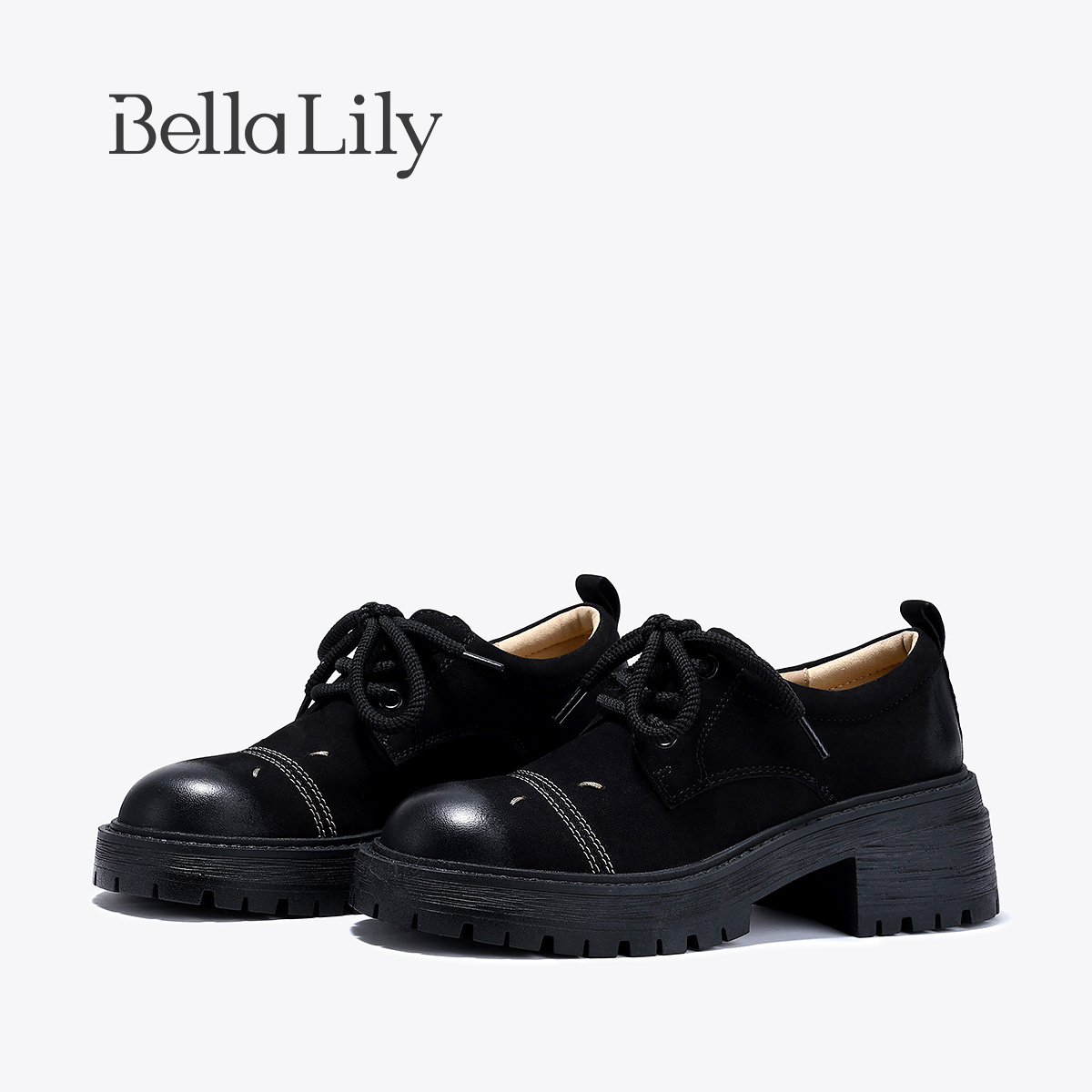 BellaLily年新款英伦风纯色时尚单鞋擦色小皮鞋女厚底增高鞋