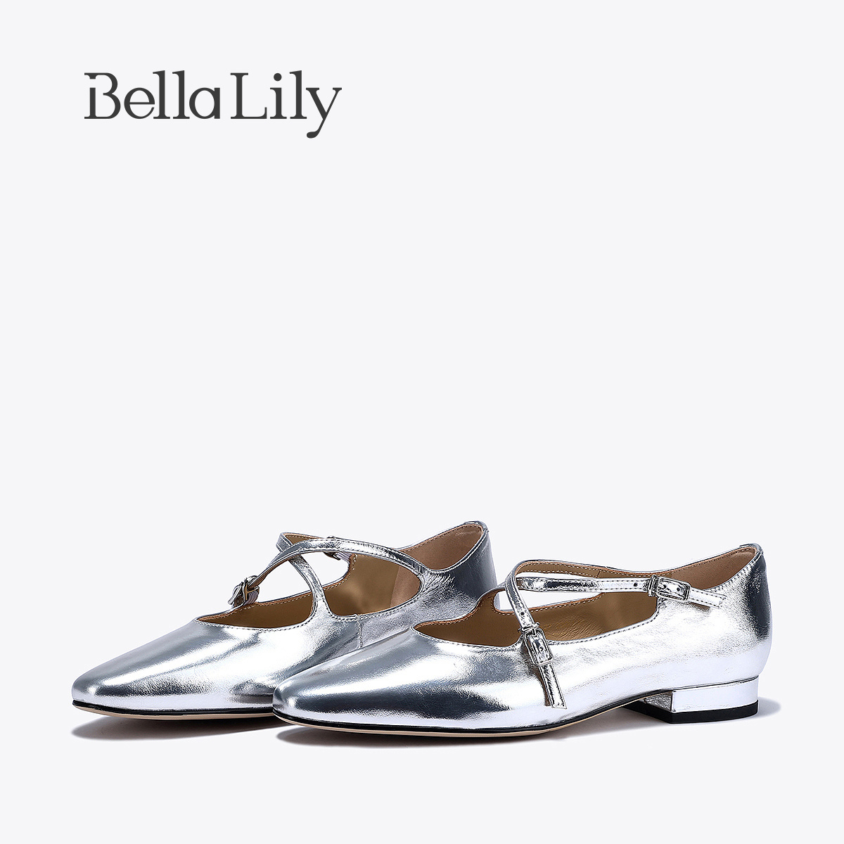 bellalily时尚平底银色玛丽珍鞋