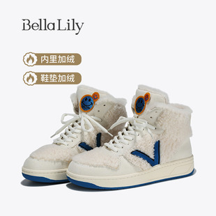 休闲毛毛鞋 女高帮鞋 女春外穿 羊毛加绒板鞋 BellaLily新款
