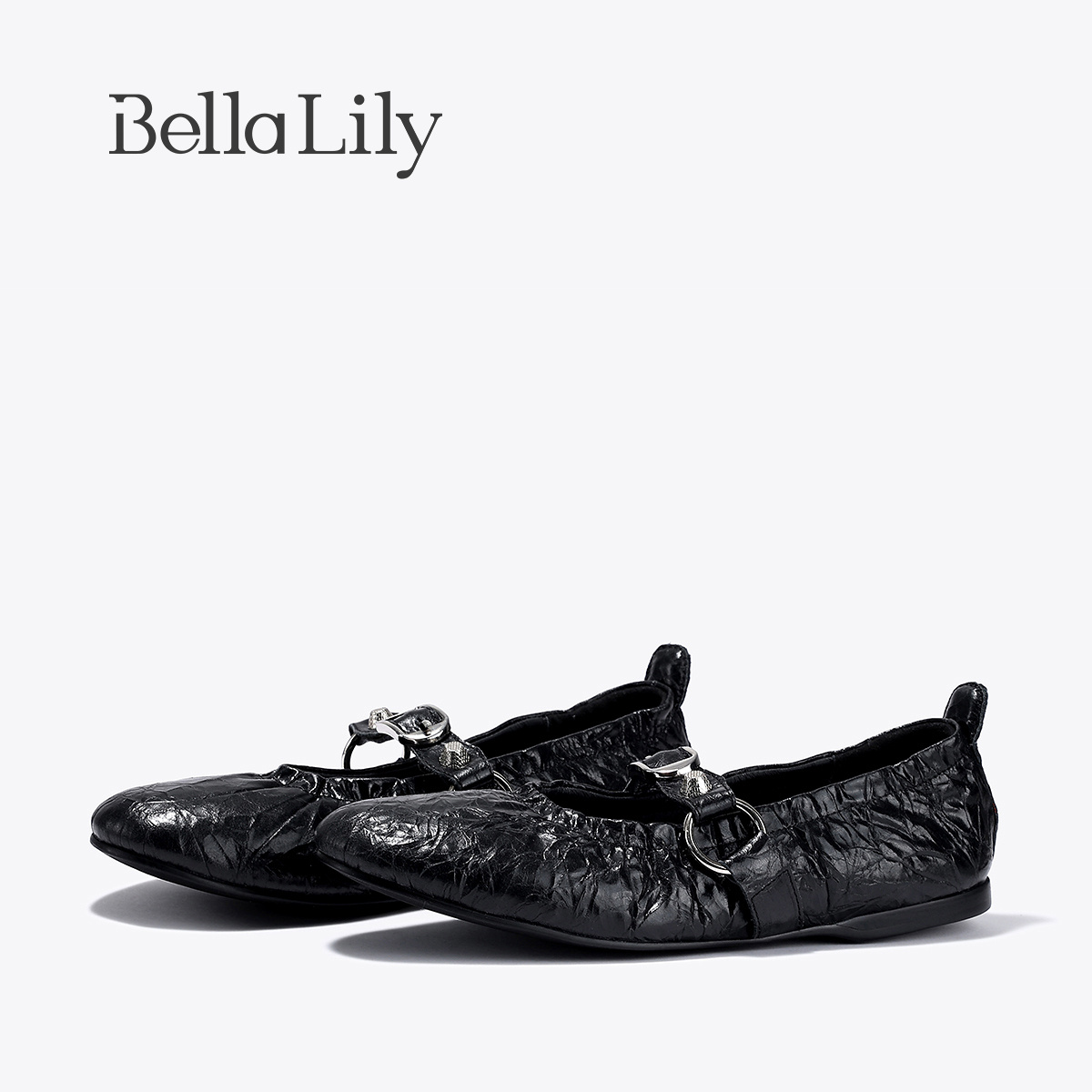 BellaLily2025秋季新款法式芭蕾舞单鞋女褶皱蛋卷鞋牛皮玛丽珍鞋
