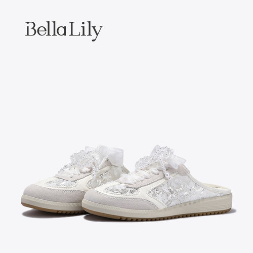 BellaLily夏季新款时尚芭蕾风包头半拖鞋女蕾丝透气德训鞋子