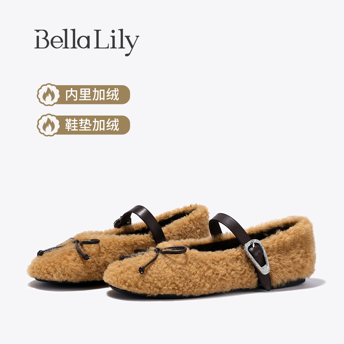 BellaLily2025冬季新款时尚羊毛单鞋女蝴蝶结平底加绒玛丽珍棉鞋