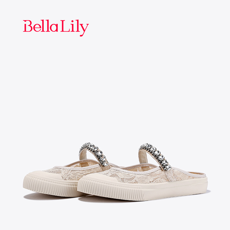 bellalily休闲平底水钻包头拖鞋
