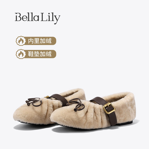 BellaLily2026冬季新款法式蝴蝶结毛绒玛丽珍鞋舒适保暖时尚单鞋