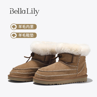 BellaLily冬季 加绒雪地靴女厚底增高中筒靴保暖毛毛靴子 新款