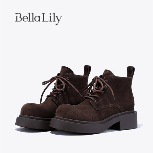 BellaLily2026冬季新款复古气质牛皮马丁靴女厚底增高百搭机车靴