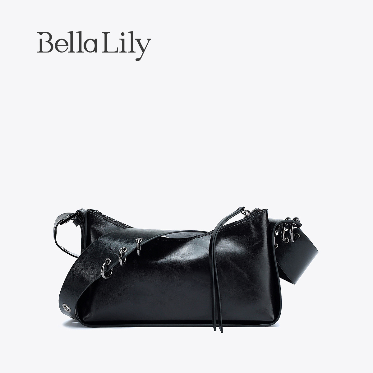 bellalily时尚黑色牛皮机车包
