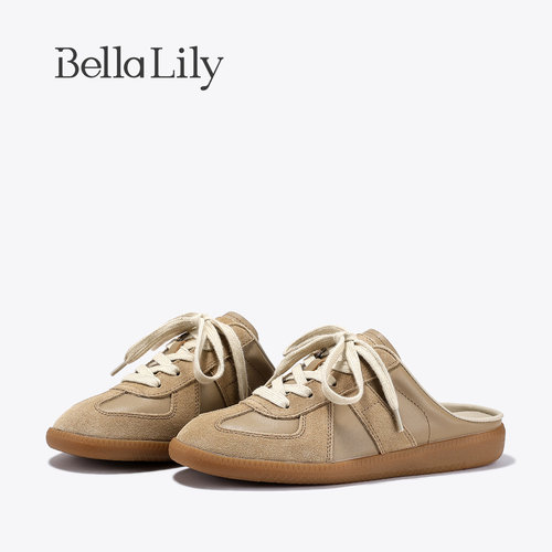 BellaLily2026夏季新款韩版拼色包头拖鞋真皮德训鞋一脚蹬懒人鞋