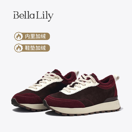 BellaLily冬季新款加绒休闲阿甘女鞋拼色老爹鞋增高运动鞋子