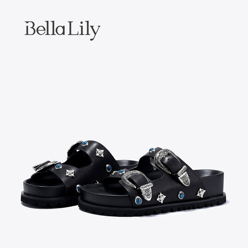 BellaLily夏季新款重工金属缀饰一字拖个性潮酷厚底拖凉鞋女