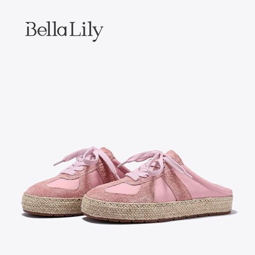 BellaLily夏季新款减龄半拖德训鞋女一脚蹬懒人鞋草编渔夫鞋