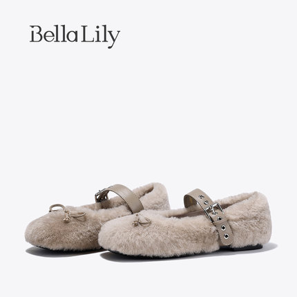 BellaLily年新款小香风玛丽珍单鞋女加绒秋冬淑女毛毛平底鞋