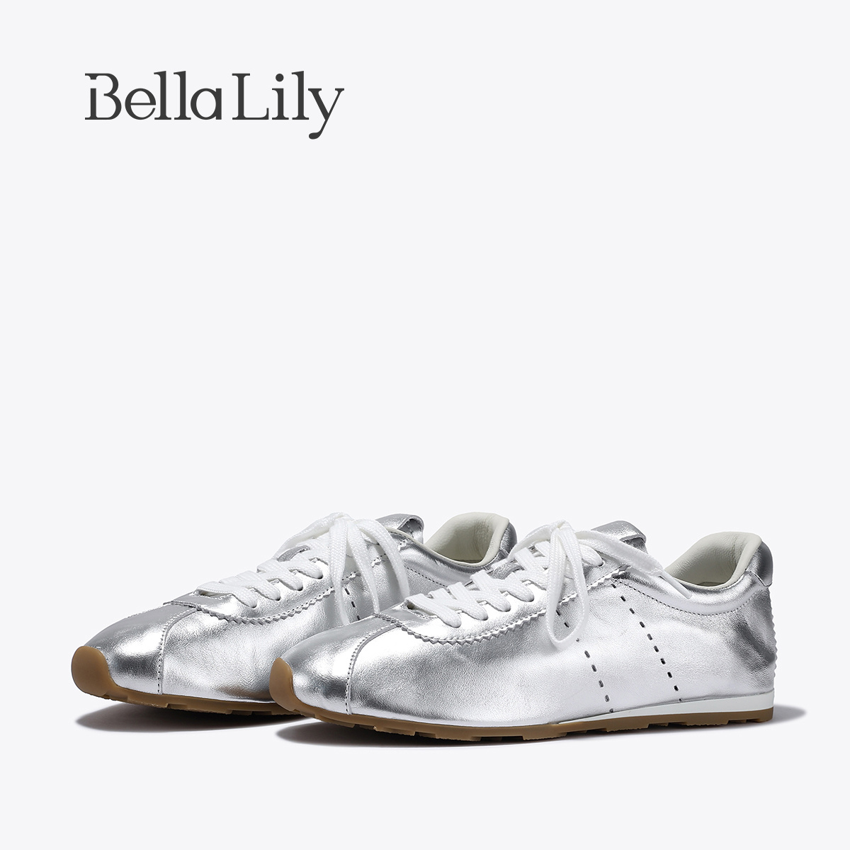 BellaLily2025秋季新款银色时尚阿甘鞋女休闲板鞋牛皮软底德训鞋