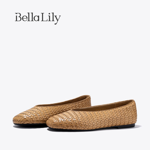 BellaLily新款森系编织浅口单鞋牛皮一脚蹬度假风平底鞋