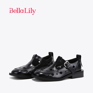 BellaLily2024新款镂空透气小皮鞋女丁字扣凉鞋牛皮潮流JK单鞋
