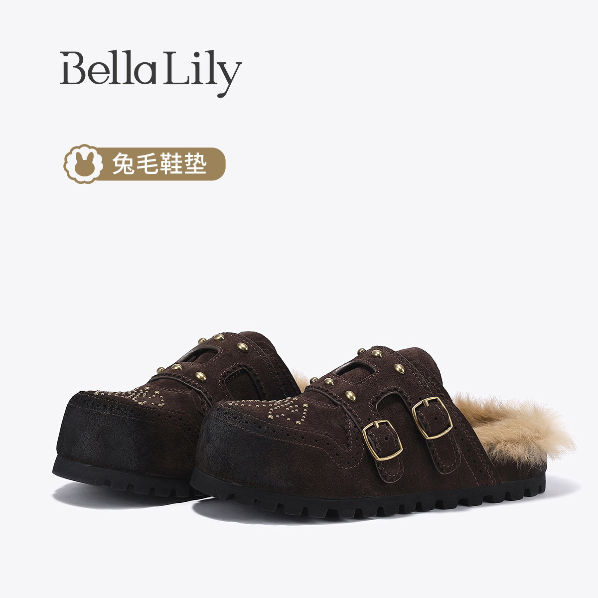 BellaLily2026秋冬新款时尚厚底加绒毛毛勃肯拖鞋休闲外穿包头拖
