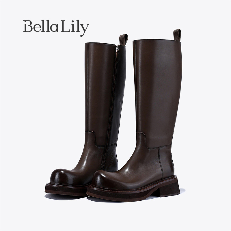 bellalily英伦粗跟侧拉链高筒靴