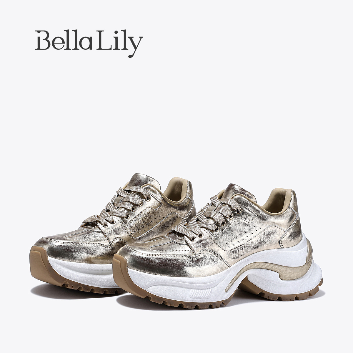 BellaLily秋季新款ins风复古老爹鞋女金色休闲鞋增高厚底鞋