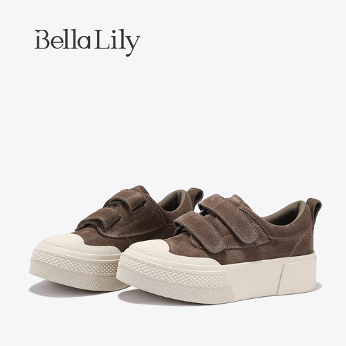 BellaLily2026秋季新款时尚百搭厚底休闲鞋女复古真皮魔术贴潮鞋