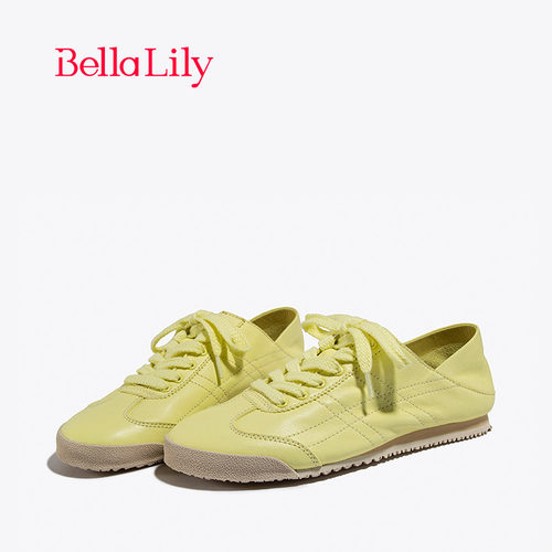 BellaLily新款时尚潮流牛皮德训鞋可踩后跟平底休闲鞋阿甘鞋