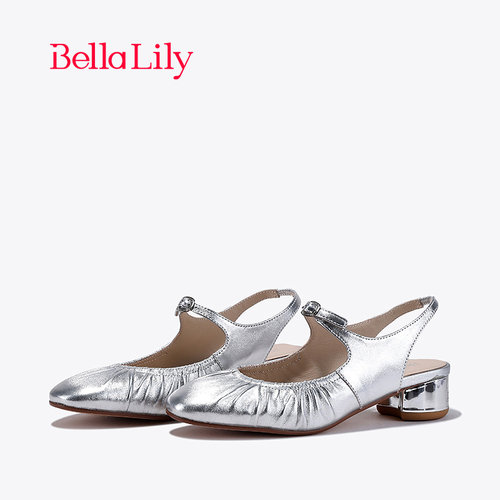 bellalily时尚粗跟银色玛丽珍鞋