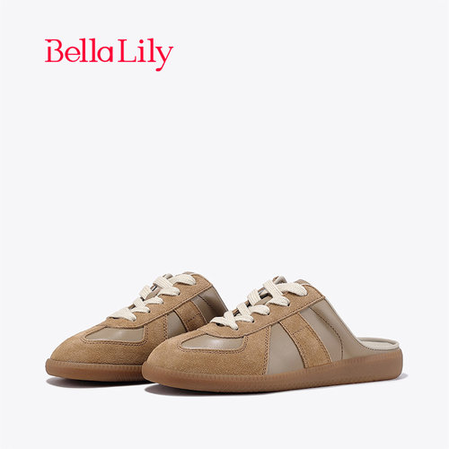 bellalily复古平底牛皮半包拖鞋