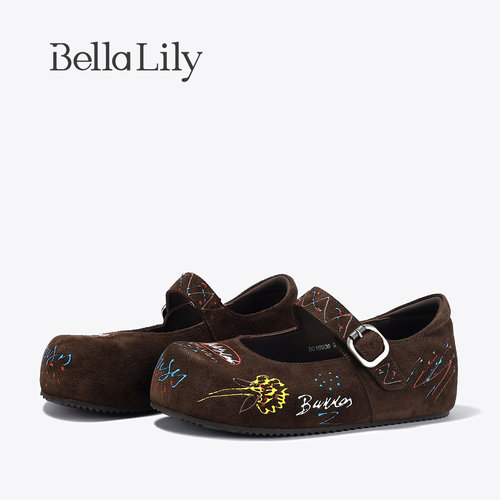 BellaLily2026春新款小众复古涂鸦勃肯鞋牛皮玛丽珍鞋舒适平底鞋