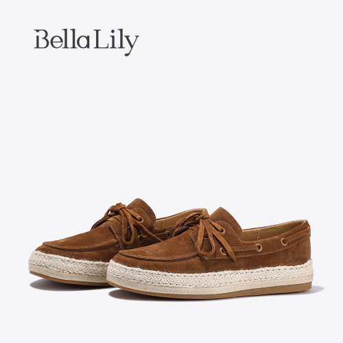 BellaLily新款时尚牛皮乐福鞋单鞋女一脚蹬懒人渔夫鞋子