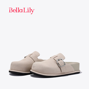 一脚蹬厚底勃肯休闲鞋 BellaLily新款 女真皮外穿单鞋 半包拖鞋 欧式