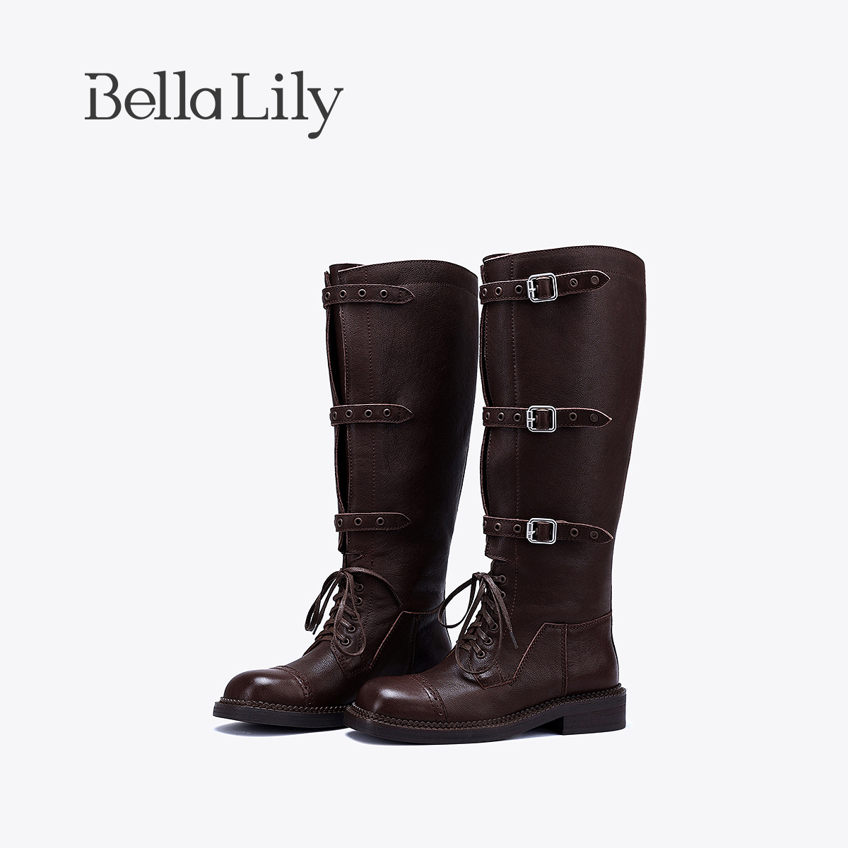 bellalily英伦方跟牛皮高筒靴