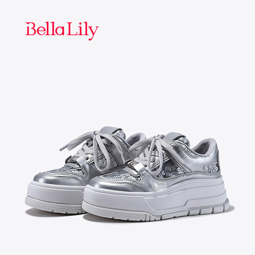 bellalily时尚厚底银色亮片板鞋
