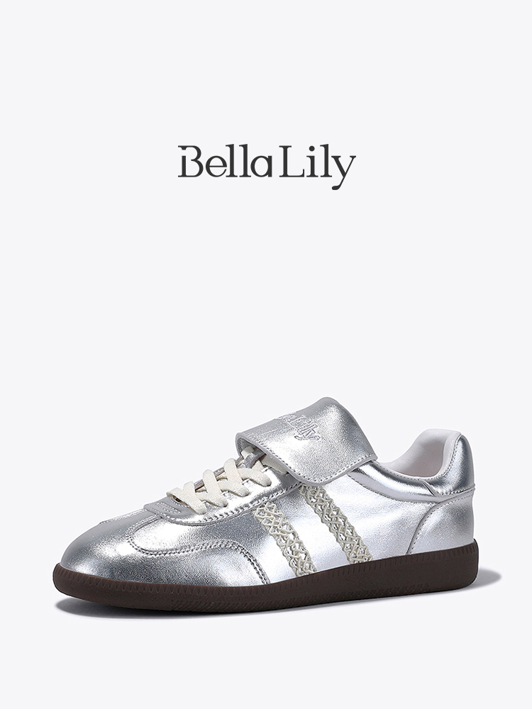 BellaLily2024春季新款羊皮银色德训鞋女显脚小板鞋潮流平底鞋子