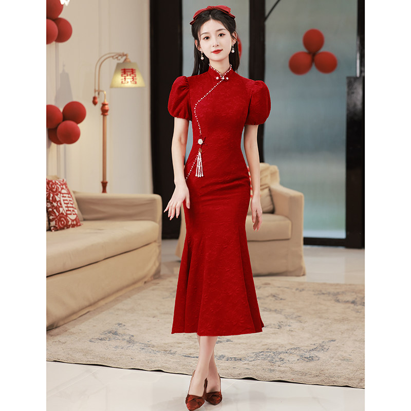 旗袍敬酒服2023新款新娘鱼尾法式订婚礼服女红色连衣裙中长款夏季_虎窝淘