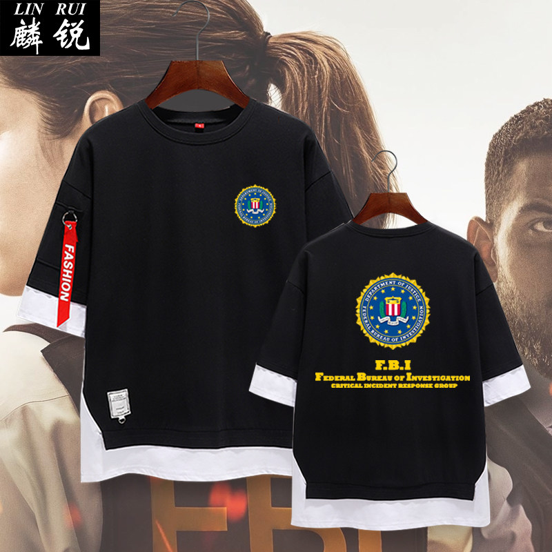 fbi美国联邦调查局同款电影特工情报假两件短袖t恤衫男女五分中袖