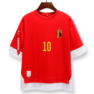 欧洲杯比利时国家队足球迷服卢卡库假两件短袖T恤衫男女5五分中袖