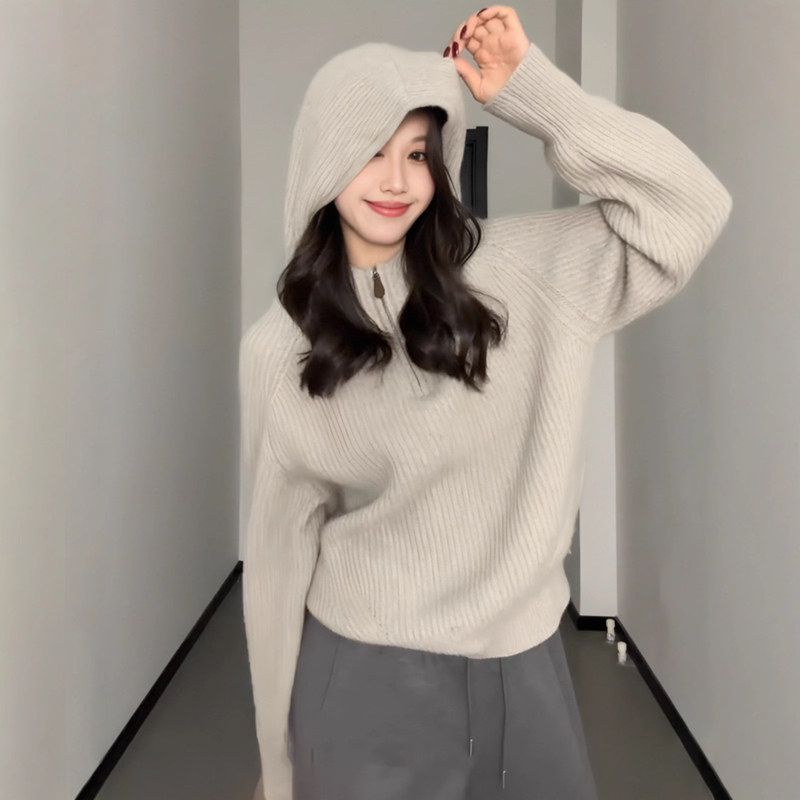 大码慵懒风半拉链连帽毛衣针织衫女冬季胖mm宽松显瘦内搭外穿上衣