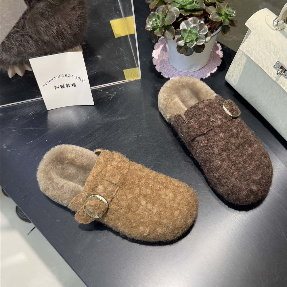 蝶澳~毛绒小花猫加绒棉鞋2025冬季勃肯鞋平底一脚蹬包头拖鞋8723R