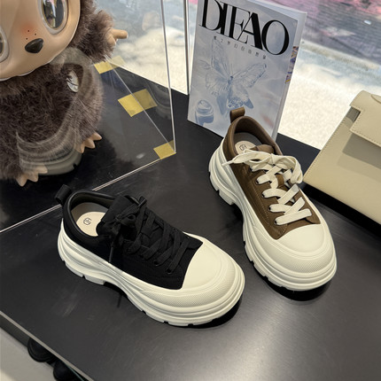 蝶澳~2025新款真皮厚底休闲鞋女系带松糕百搭运动低帮鞋子女LA-53
